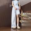 Blue Lazy Casual Plaid Wide-Leg Pants for Women - Summer Thin Loose Fit Slimming Straight-Leg Floor-Length Trousers