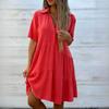 Casual Polo Neck Short Sleeve Cotton Linen Dress with Button Closure and Tiered Design