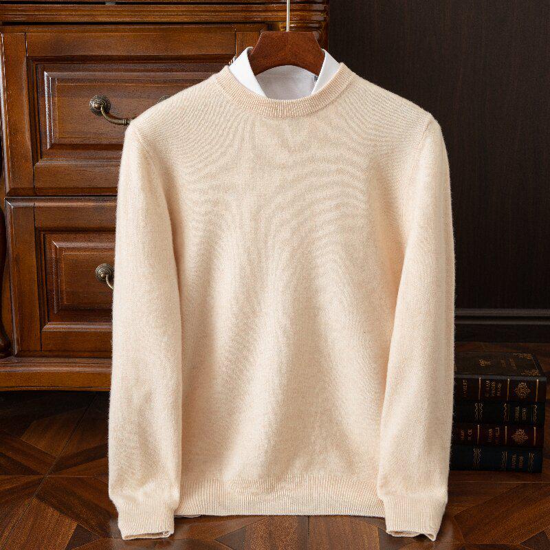 Men's Round Neck Pure Wool Pullover Sweater – Solid Color Knit Base Layer