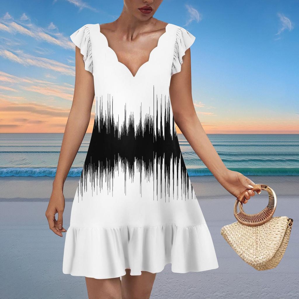 Women's Fashion Casual V Neck Wavy Edge Texture Print Short Sleeve Dress