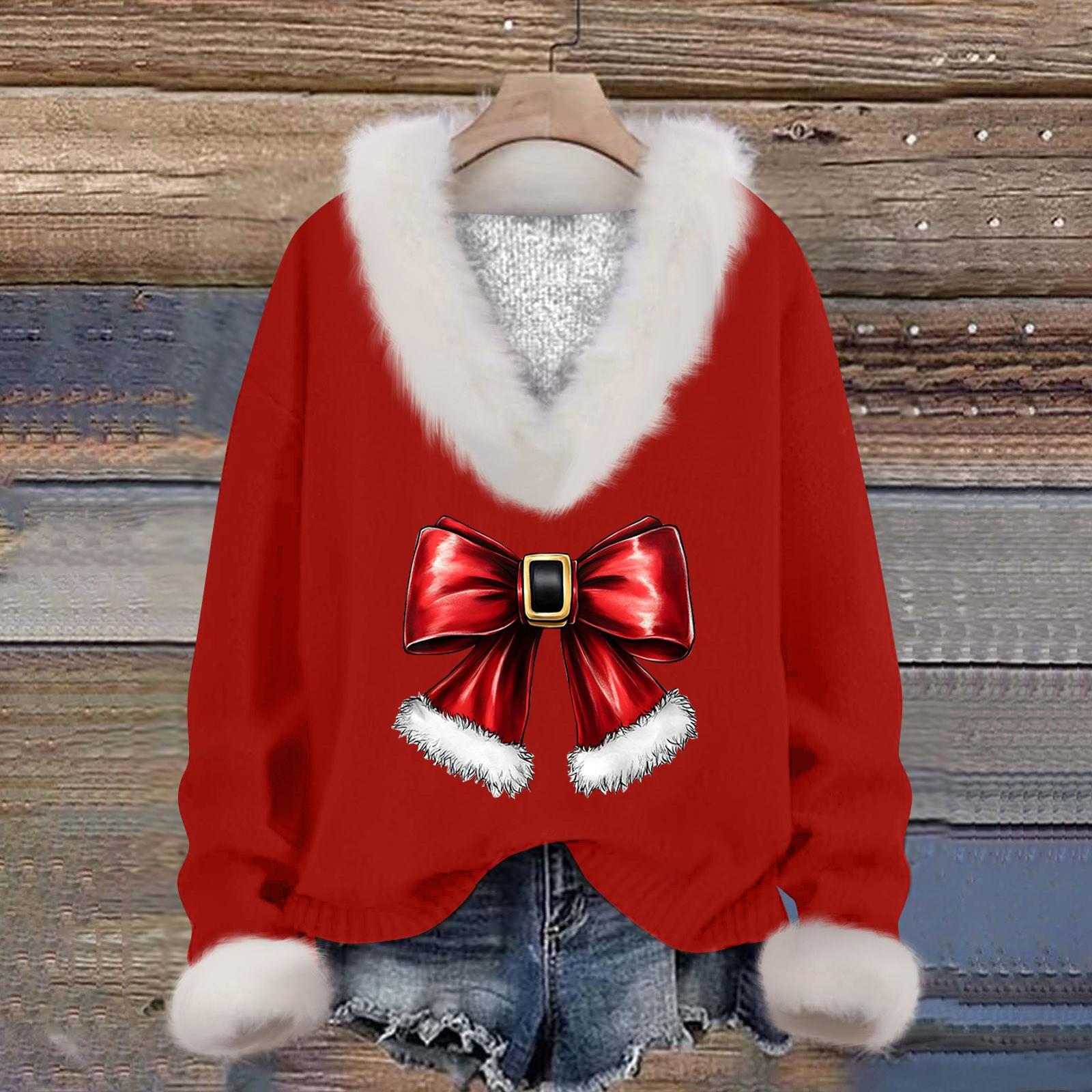 

Женская мода повседневный рождественский принт длинный рукав V-образный вырез трикотажный свитер пуловер топ XXXL красный