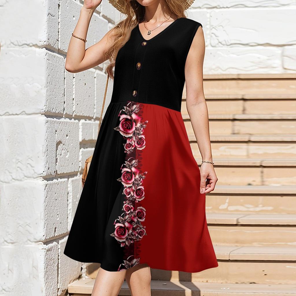 Damen Sommerkleider Ärmellos Lässig Locker Schwingend Knopfleiste Midi Sonnenkleid mit Taschen