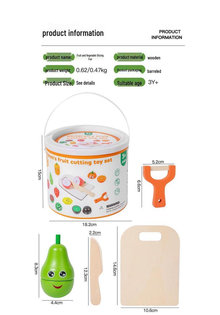 Kids' Wooden Fruit Cutting Toy Set - Educational Role-Play Kitchen Bucket
