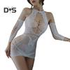 Ensemble de couverture de manches de chemise de nuit sexy évider dentelle élastique transparente maigre couleur unie douce ultra courte épaule dos nu séduisant pornographique