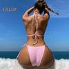 2Pcs/Set Women Sexy Bikini Set Halter 3D Flower Decor Bra High Waist Lace-up Briefs Set Solid Color Pleated Beachwear Swimsuit