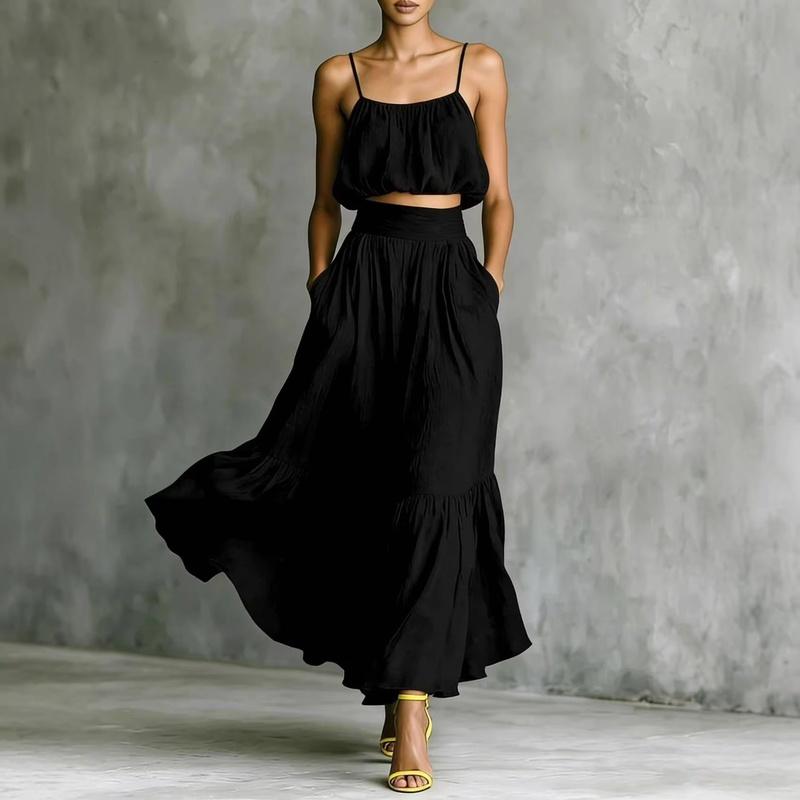 Women's Camisole Top and Pleated Maxi Skirt Two Piece Set High Waist Summer Vacation Outfit
