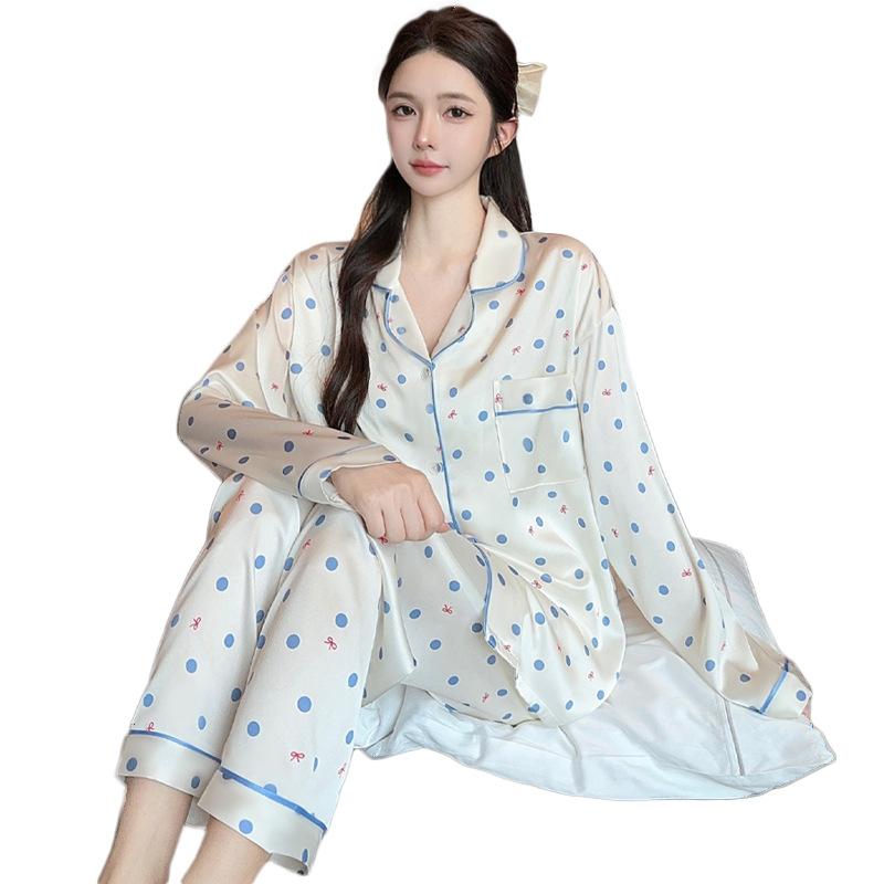 Gentle French New Pajamas Women'S Spring And Autumn High-End Feeling Ice Silk Polka Dot Long-Sleeved Trousers Loungewear Set