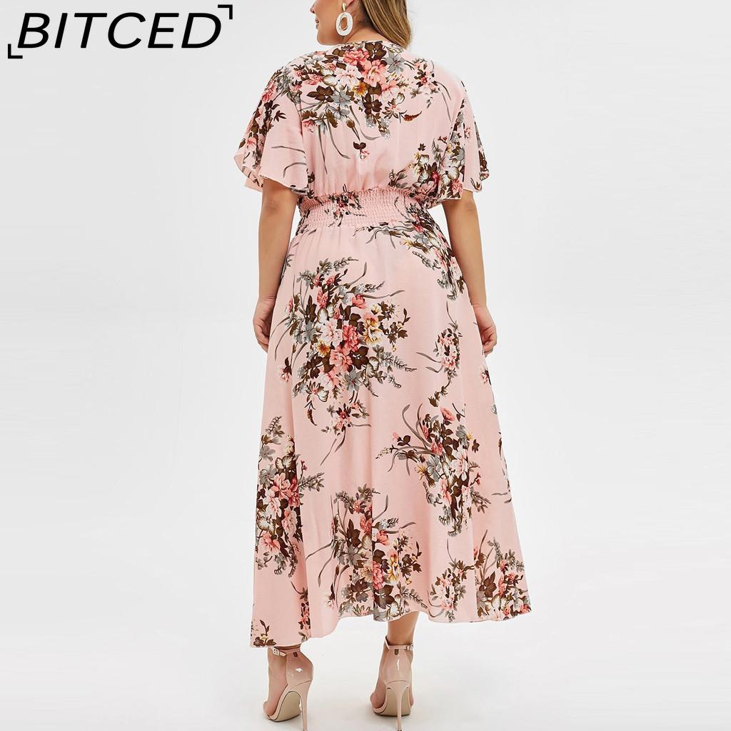 BITCED Plus Size Fashion Women Casual Floral Print V Neck Short Dress