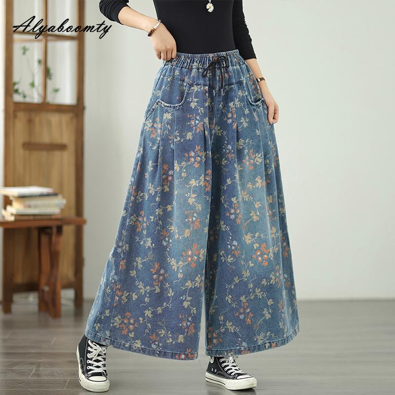 

Женские джинсы больших размеров на весну-осень с широкими штанинами, эластичной талией на кулиске, цветочным принтом, мешковатые джинсовые брюки, винтажные стильные базовые джинсы для дам XXL синий