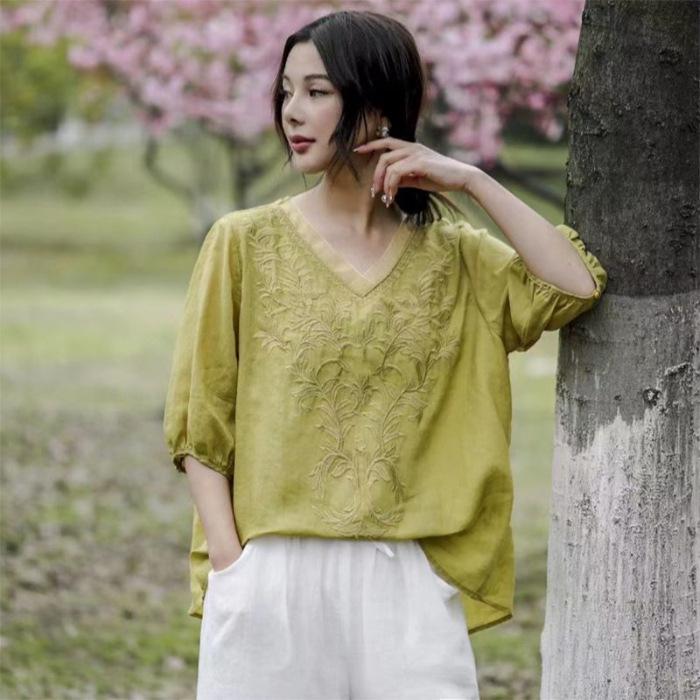 

Літня жіноча сорочка з вишивкою з бавовни та льону преміум-класу - елегантні, легкі, універсальні топи для мам середнього віку L (105-120 jin)