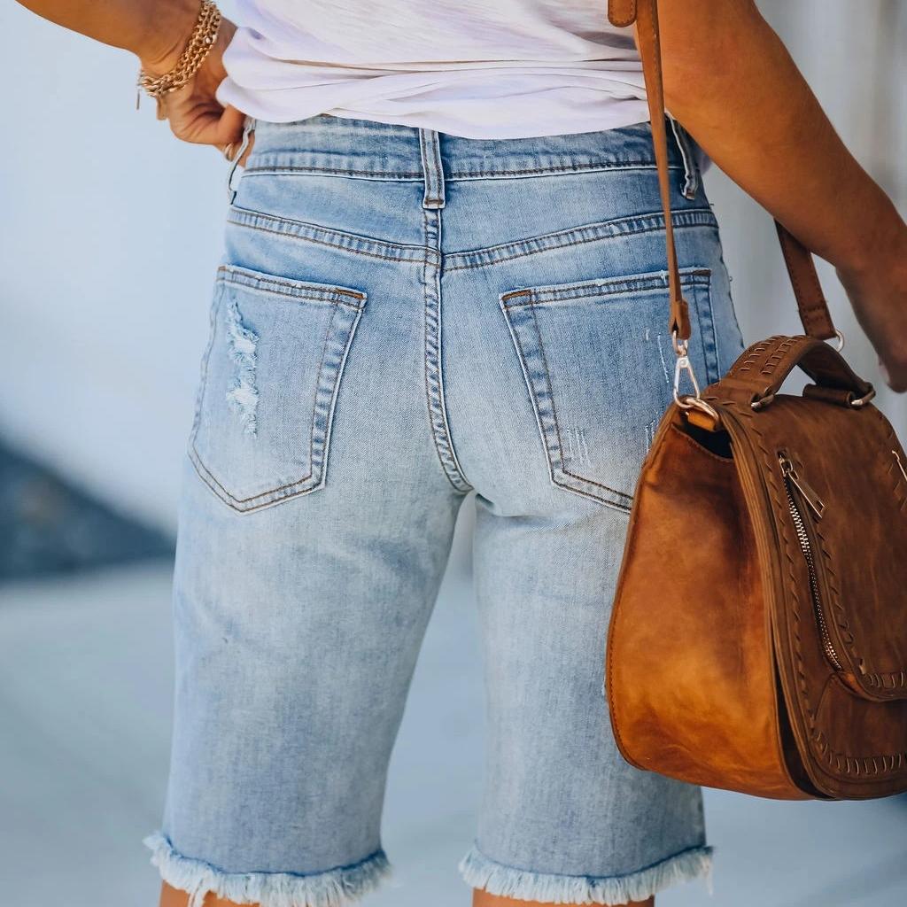 Yaz Kadın Denim Yırtık Moda Ham Kenar Saçaklı Kot