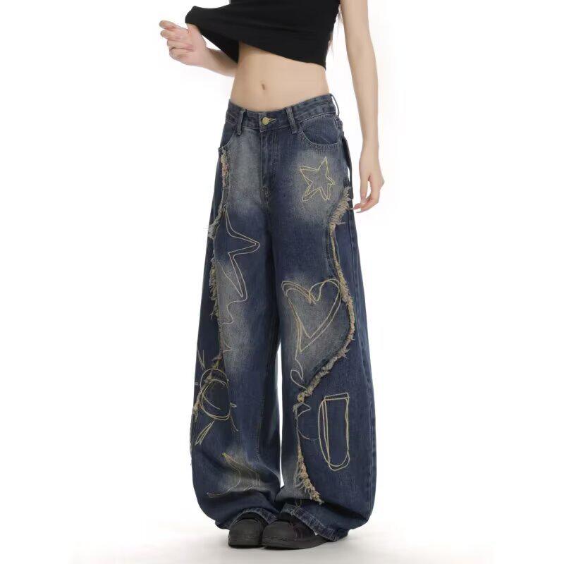Unisex American Retro Embroidered Wide-Leg Jeans with Raw Hem Medium