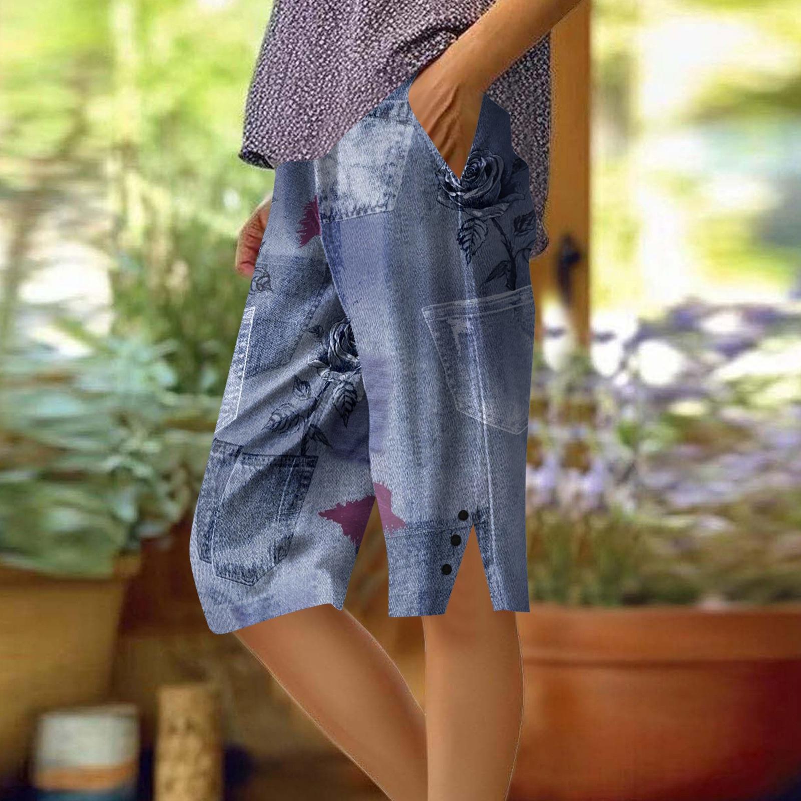 Women s Printing Pants Fashionable Pocket Elastic Waist Casual Shorts L синий