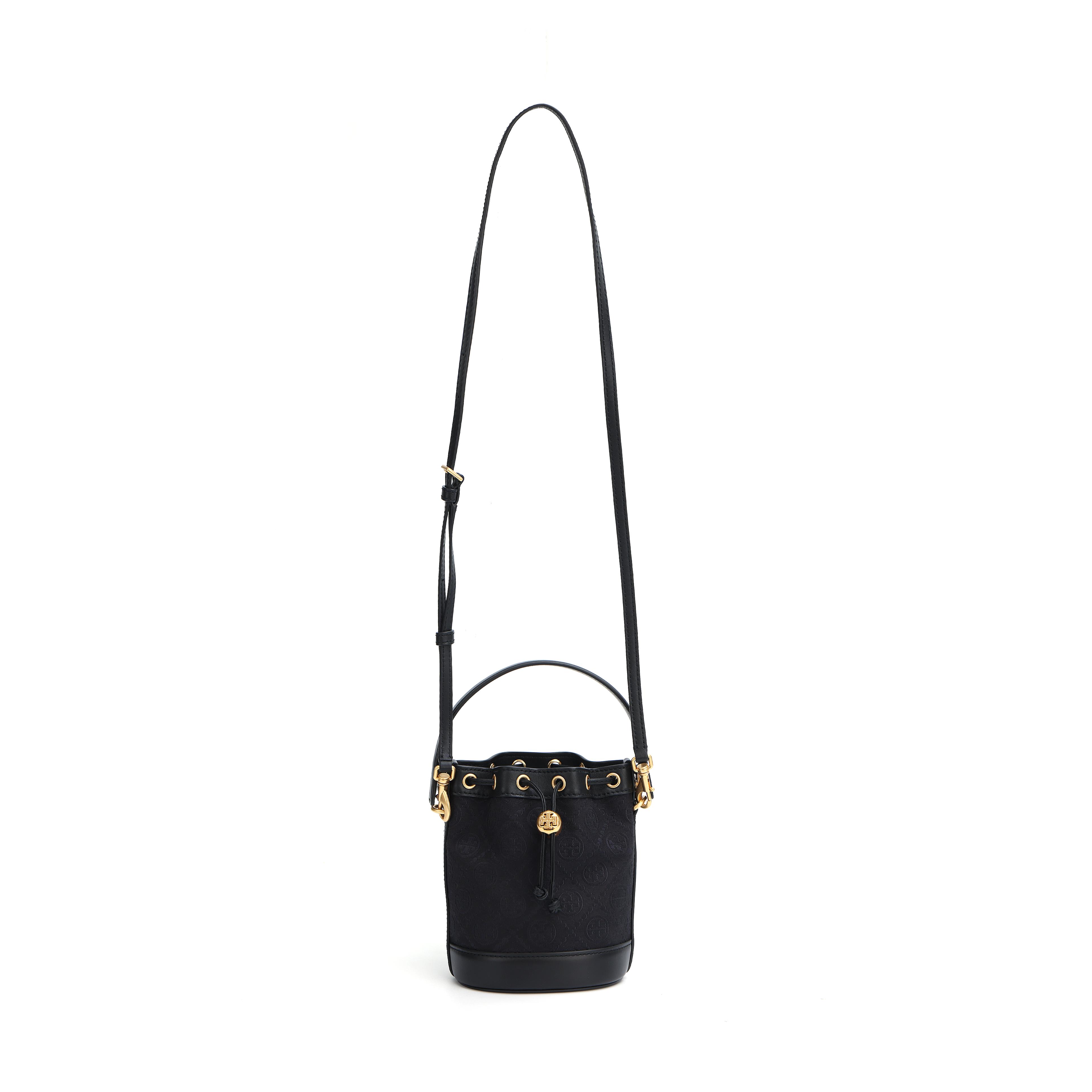 

Tory Burch T Monogram All Over Print Drawstring Jacquard With Genuine Leather Trim Bucket Bag Women handbags Black 152130-001 Basic Set (Bag+Dust Bag)