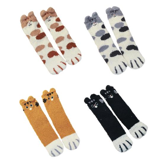 Fuzzy Sleep Socks Warm Cute Cat Plush Socks Stretchy Breathable Winter Indoor Socks
