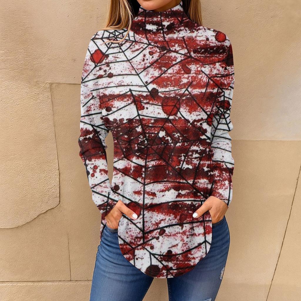 Tee Shirts For Women Fall Casual Long Sleeve Shirts Sweatshirt Vintage Printed High Neck Top Pullover