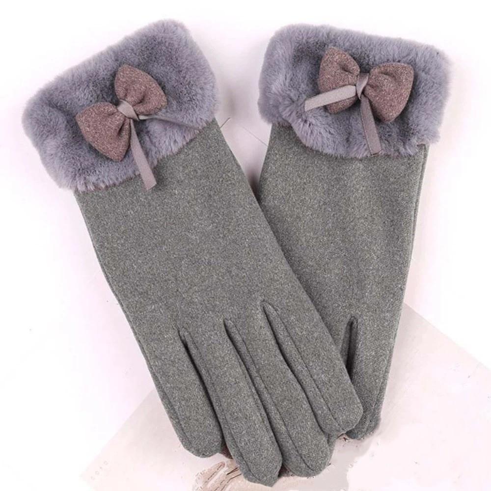 Plush Women Anti-cold Gloves Bow Windproof Finger Mittens For Gift Thickened Suede Gloves  Winter