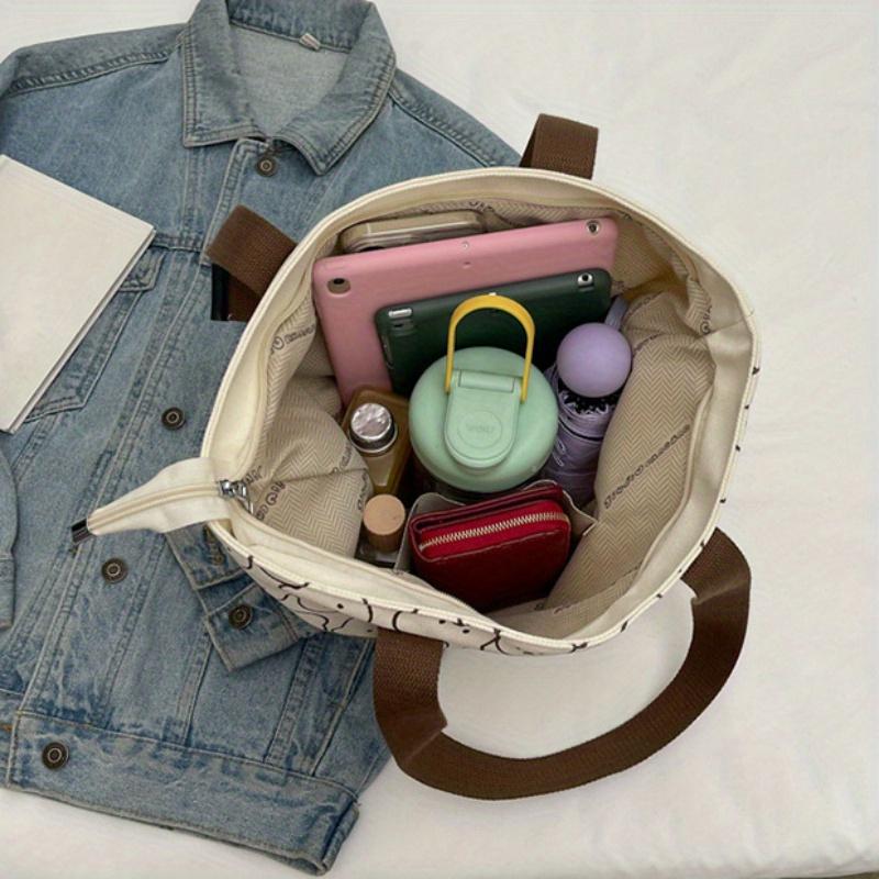 Chic Bear Print Canvas Tote Bag Versatile Handbag Shoulder Bag For Work  Travel  School With Durable Strap Small Crossbody Bag