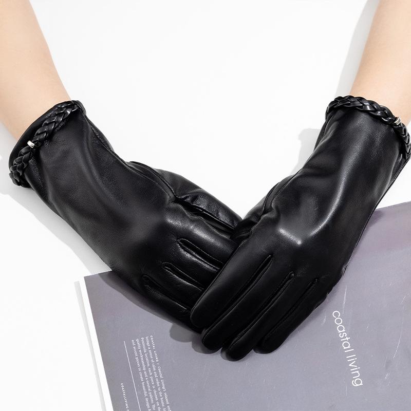 Winter Warm Cycling Genuine Leather Gloves  European and American Outdoor Windproof and Cold-proof Women's Business Fleece Leather Gloves