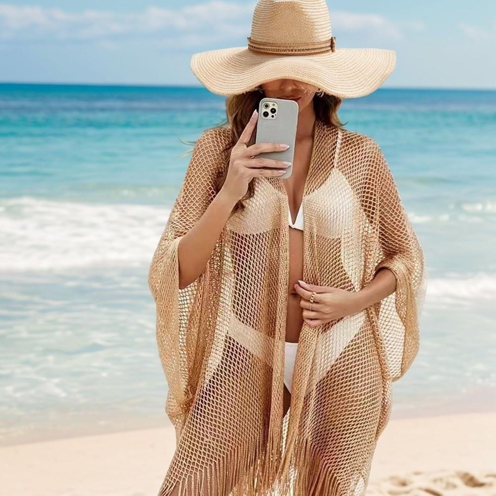 Through Hollow Out Pareo Solid Color Tassels Shawls Sexy Long Sleeve Cover Up for Women