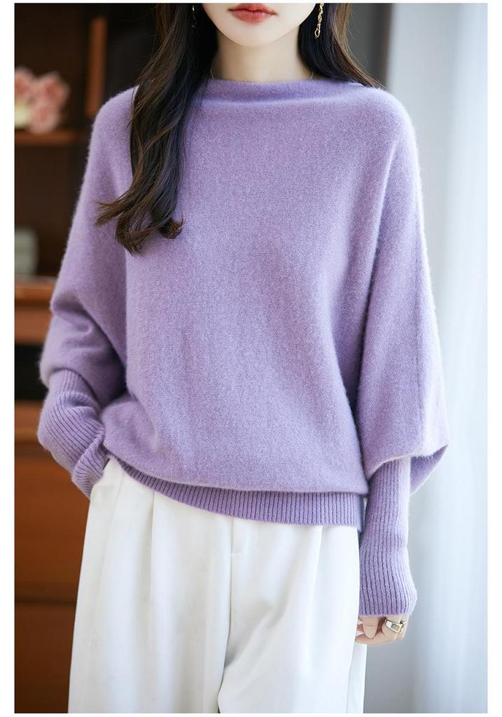 Women's One-Shoulder Batwing Sleeve Knit Sweater - Loose Fit, Lazy Design, Split Hem, Wool Blend for Autumn/Winter