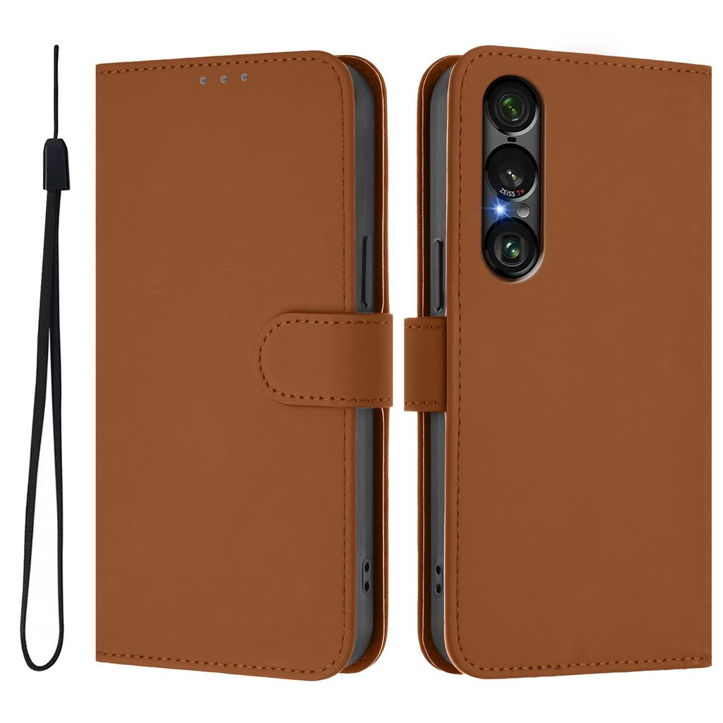 For Sony Xperia 1 VII Case Solid Color Wallet Leather Phone Cover with Strap