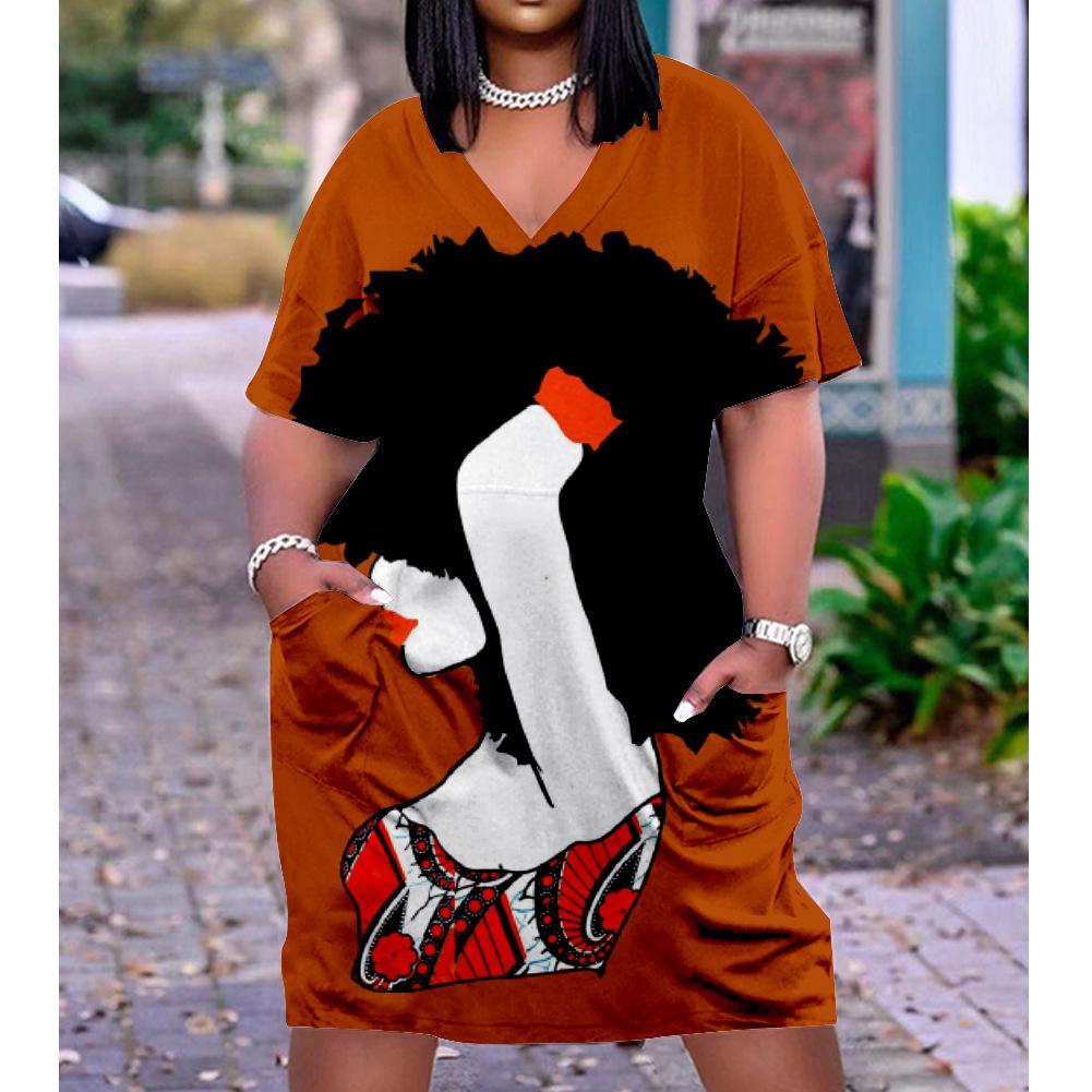 2026 digital printing cross-border temperament commuter skirt pullover V-neck dress