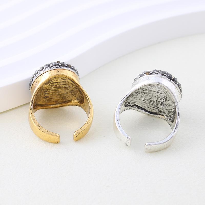 Oval Crystal Diamond-set Open Ring Retro Full Diamond Personality Exaggerated Size Adjustable Ring