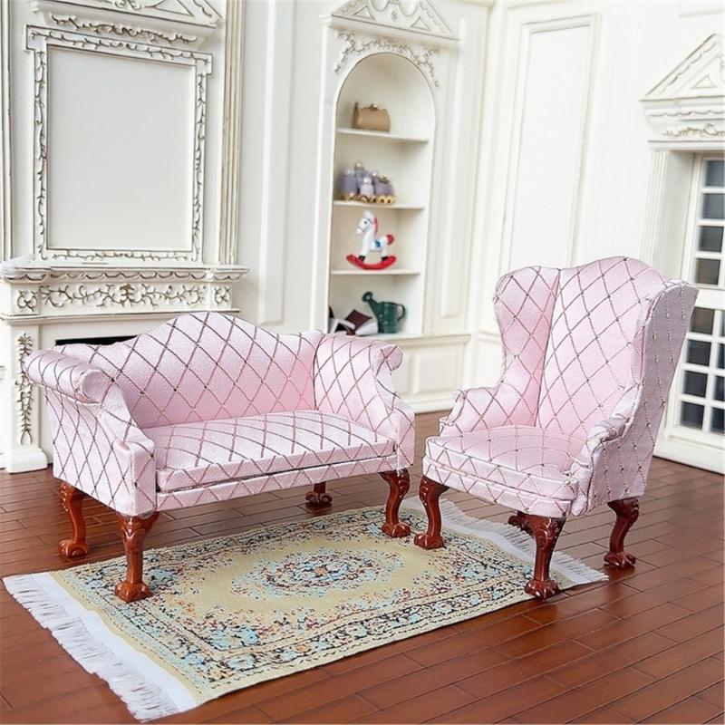 Miniature Pink Quilted Armchair Wooden Doll Furniture 1/12 Scale For Living Room Scene Accessories