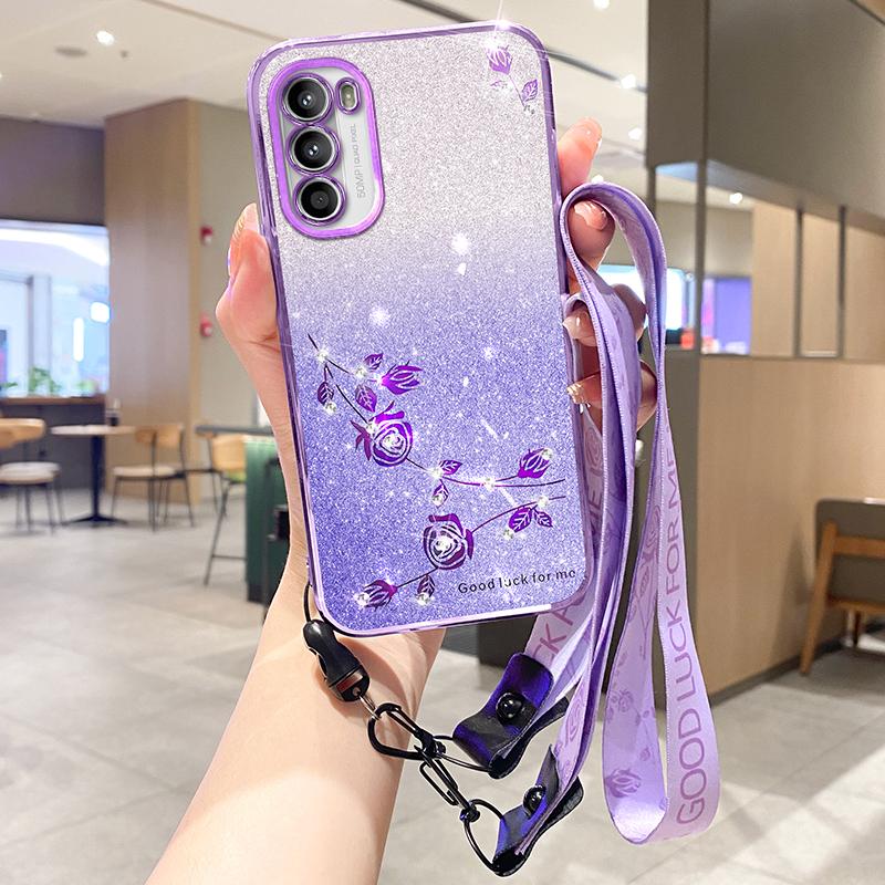 

KADEM For Motorola Moto G82 5G/G52 4G/G71s 5G Case Soft TPU Rhinestone Phone Cover with Strap Purple