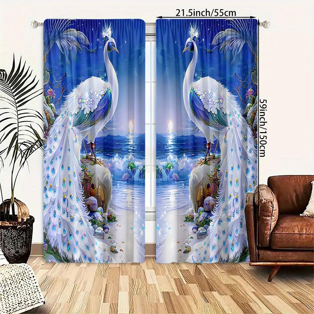 2pcs Elegant Peacock Print Curtains - Vibrant Blue & White on Seaside Scene   Light-Filtering Polyester Drapes with Rod Pocket De