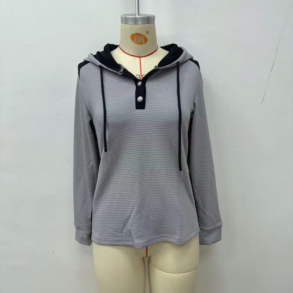 Women's Fashion Casual Waffle Knit Patchwork Hoodie, Anu Self-developed European American Style Sweatshirt for Women