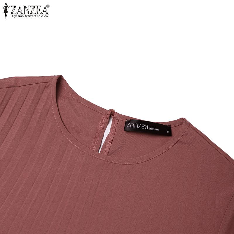 ZANZEA Women Casual O-neck Loose Long Sleeve Pleated Dress