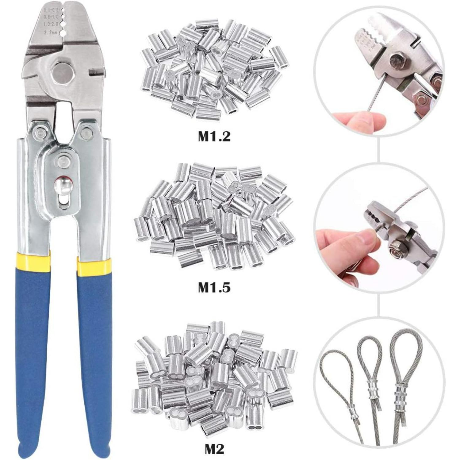 Up to 2.2mm Wire Rope Crimping Tool with 150Pcs 3 Size Aluminum Double Barrel Ferrule Crimping Loop Sleeve Kit A