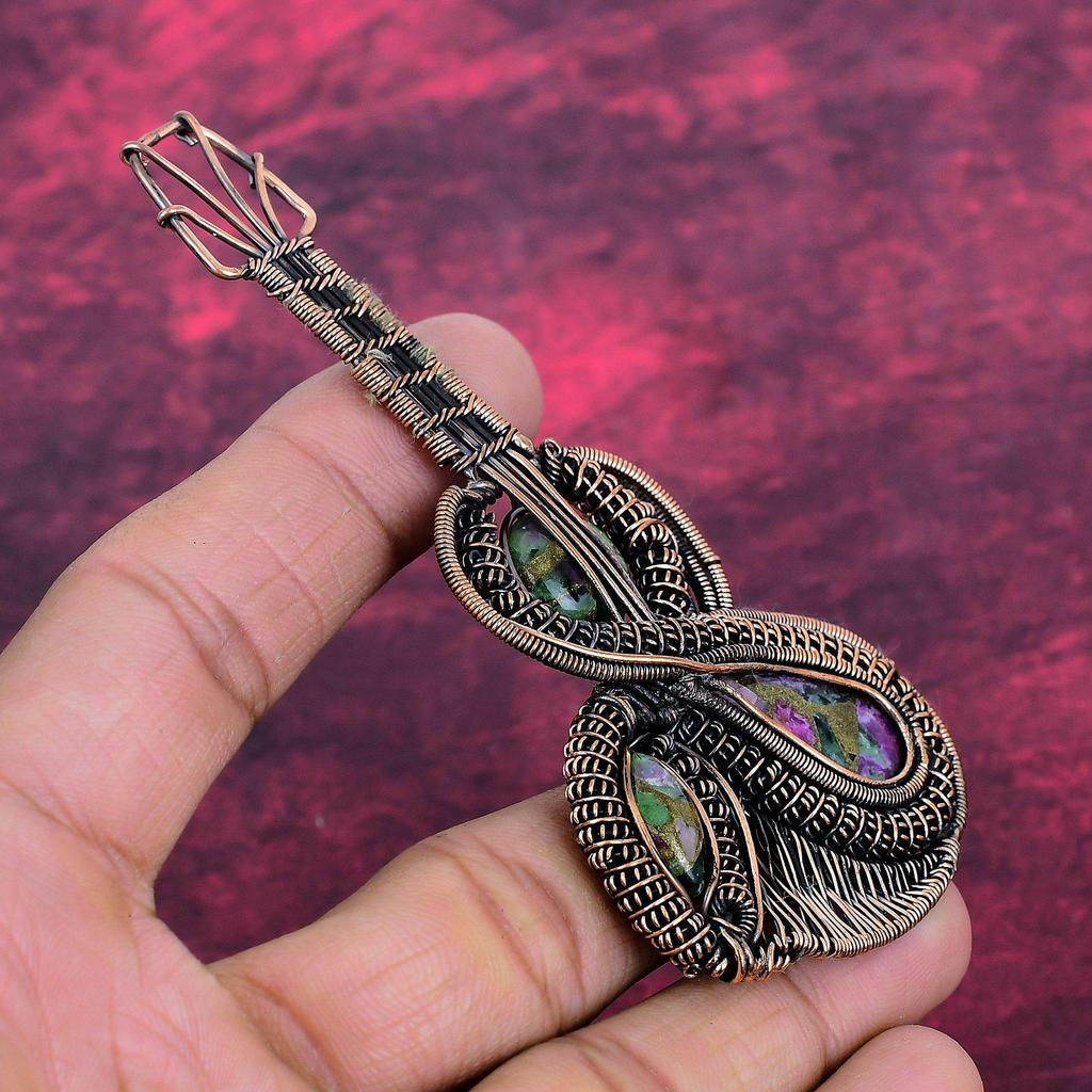 Copper Ruby Zoisite Gemstone Pendant Copper Wire Wrapped Jewelry Guitar Pendant