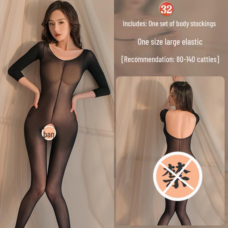 Erotic Black Mesh One-Piece Lingerie Set with Open Stockings - Tempting and Sexy