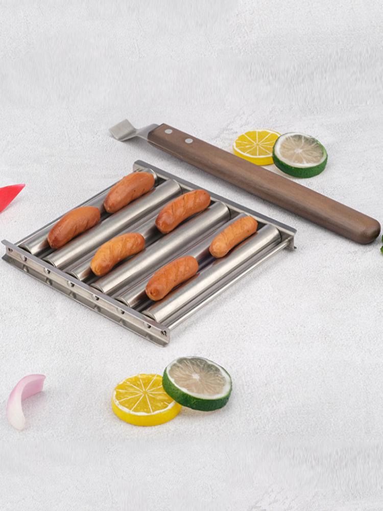Hot Dog Roller Hot Dog Grill Roller Stainless Steel BBQ Hotdog Roller with Wooden Handle 5 Hot Dog Capacity Grill Accessories
