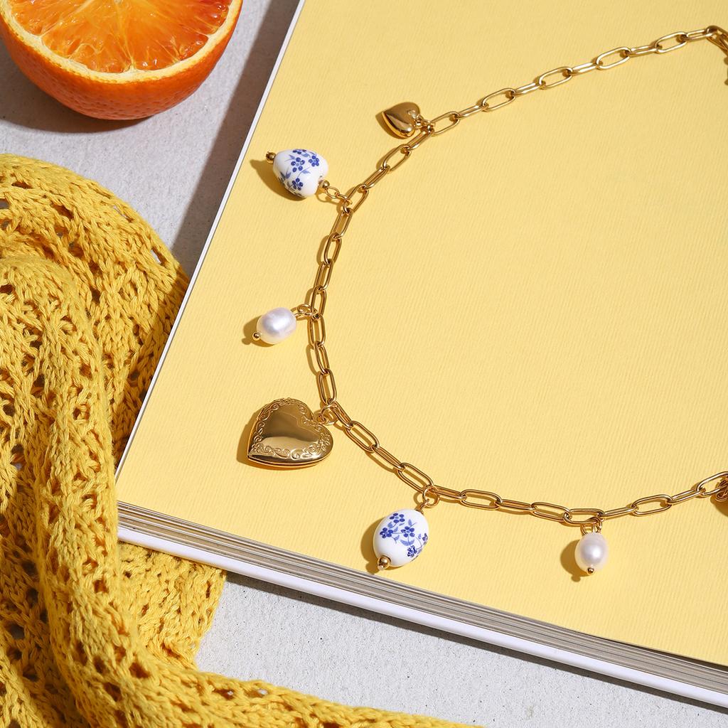 Youthway  Gold Plated Stainless Steel Love Heart Imitation Pearl Ceramics Pendant Necklace Trendy Versatile Accessories Gift