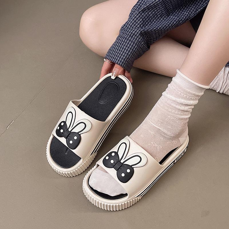 Women's Summer Outdoor Flat Bottom Sweet Rabbit Ears Platform Slippers - Non-Slip Cartoon Design