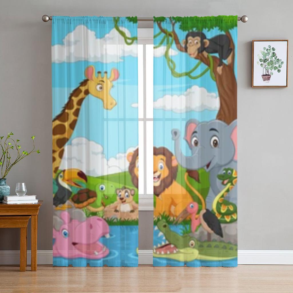 Cartoon African Wild Animal Sheer Window Curtains For Living Room Bedroom Modern Voile Tulle Curtains Fabric Drapes For Kitchen