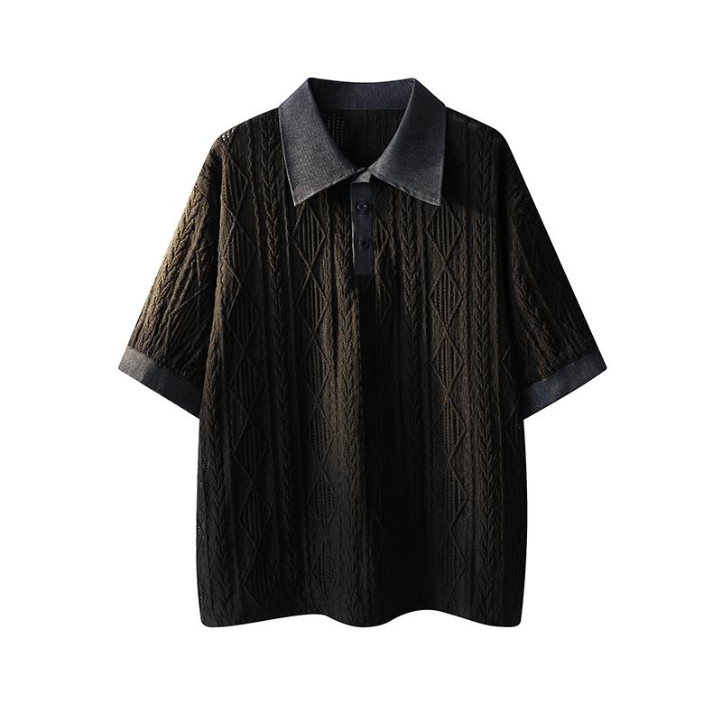 Personalized Top With Retro Rhombus Texture And Contrasting Color POLO Collar Top