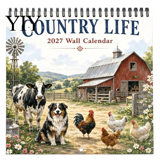 Family Schedule Planner Country Life 2027 Wall Calendar, Jan 2027- Dec 12 Retro Style Art Monthly Planner, Farm Animals Hanging Calendar for