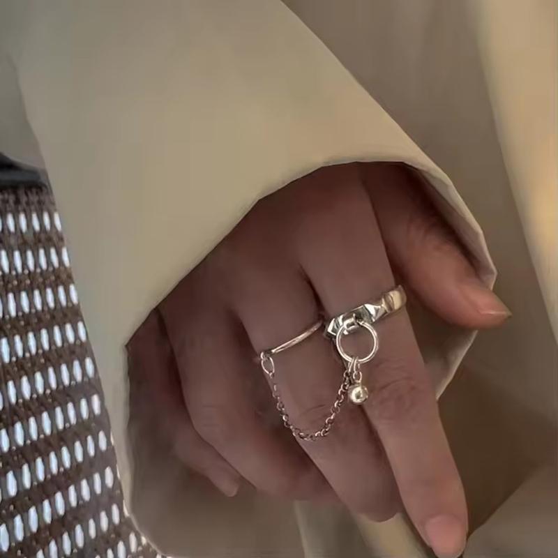 PANJBJ Real 925 Silver Retro Round Ring For 2 Rigns Women Chain Vintage Fine Jewelry Minimalist Accessories Gift