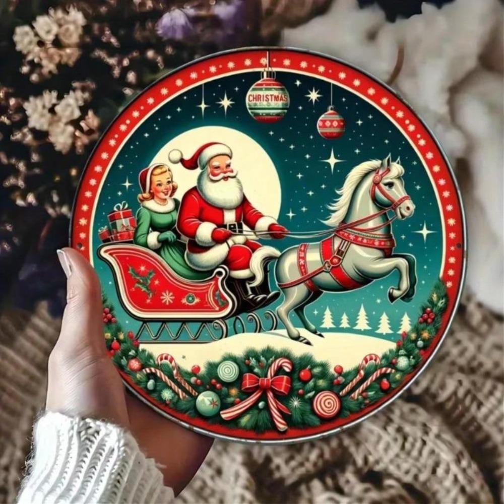 Vintage Christmas Tin Plate Wall Art Santa Sleigh Metal Carving Holiday Home Decor
