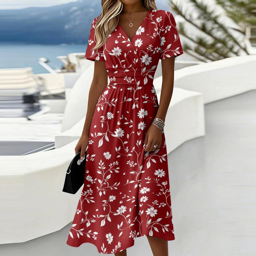 Women V Neck Short Sleeve Waist Defined Floral Print Casual Midi Dress for Daily Wear and Outdoor Activities
