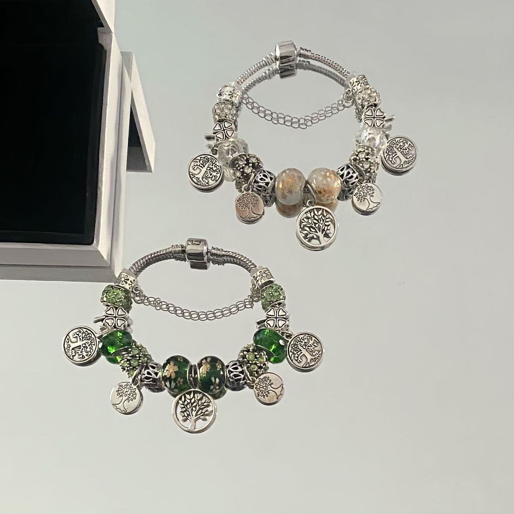 Fashion Life Tree Beaded Bracelet With Green Glass Beads For Womens Daily Wear