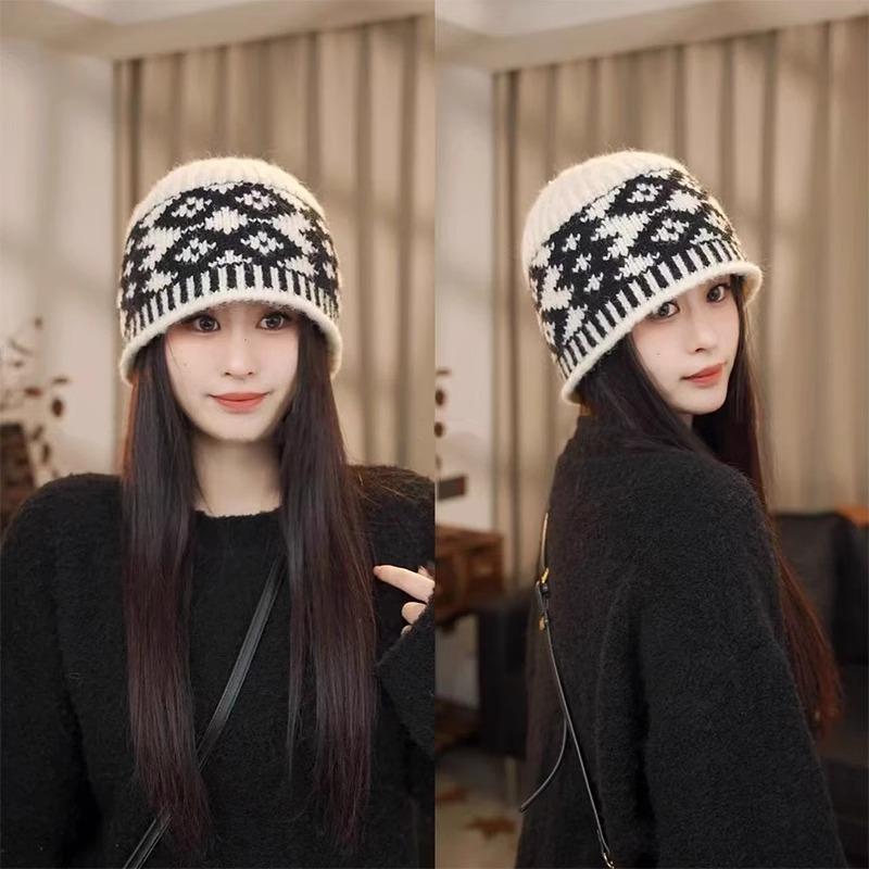 Retro rhombus plaid wool hat women's autumn and winter niche design sense knitted hat warm and cold-proof bag head cold hat