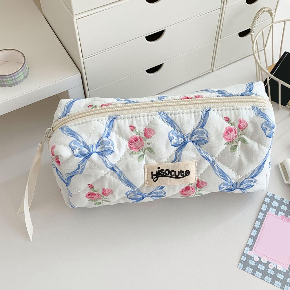Quilted Bow Floral Pencil Case Multi-Layer Stationery Storage Bag Stationery Organizer for Teen Girls
