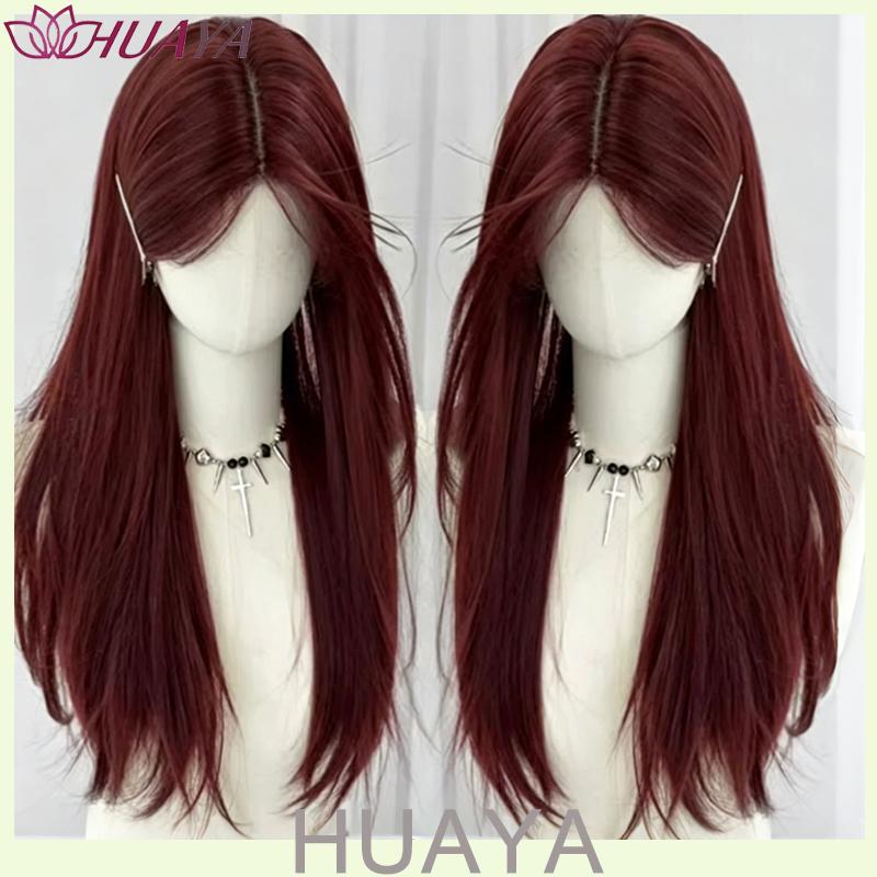 Parrucca Lunga Dritta Ombré Rosso-Nero per Halloween, Fibra Sintetica con Frangia, Parrucca Cosplay Facile da Indossare per Donne