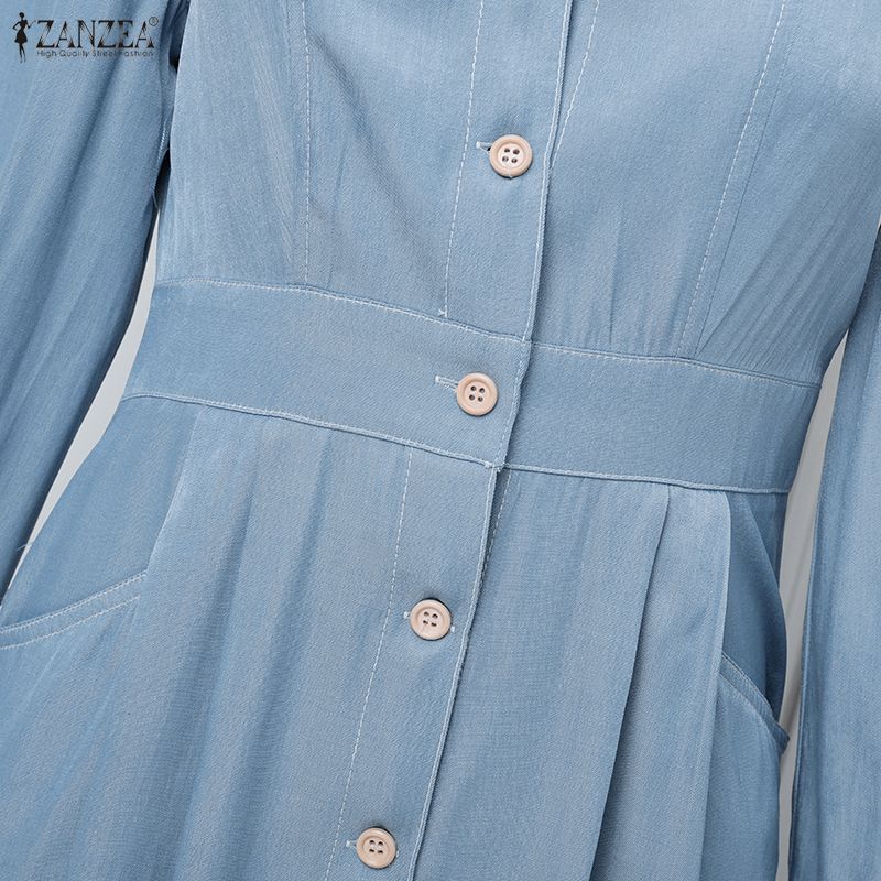 ZANZEA Lässiges Damen-Kleid mit Umlegekragen und langen Ärmeln